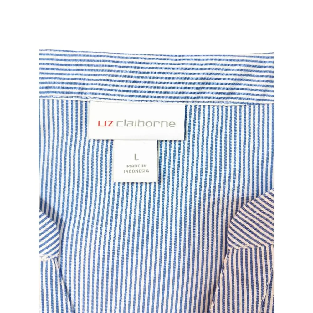 NEW LIZ CLAIBORNE Cotton Blouse Top LG V-Neck Short Flutter Sleeves Blue Crochet
